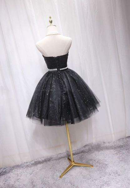 Princess A-Line Strapless Birthday Dresses Sequins Black Tulle Beading Homecoming Dress AP4698