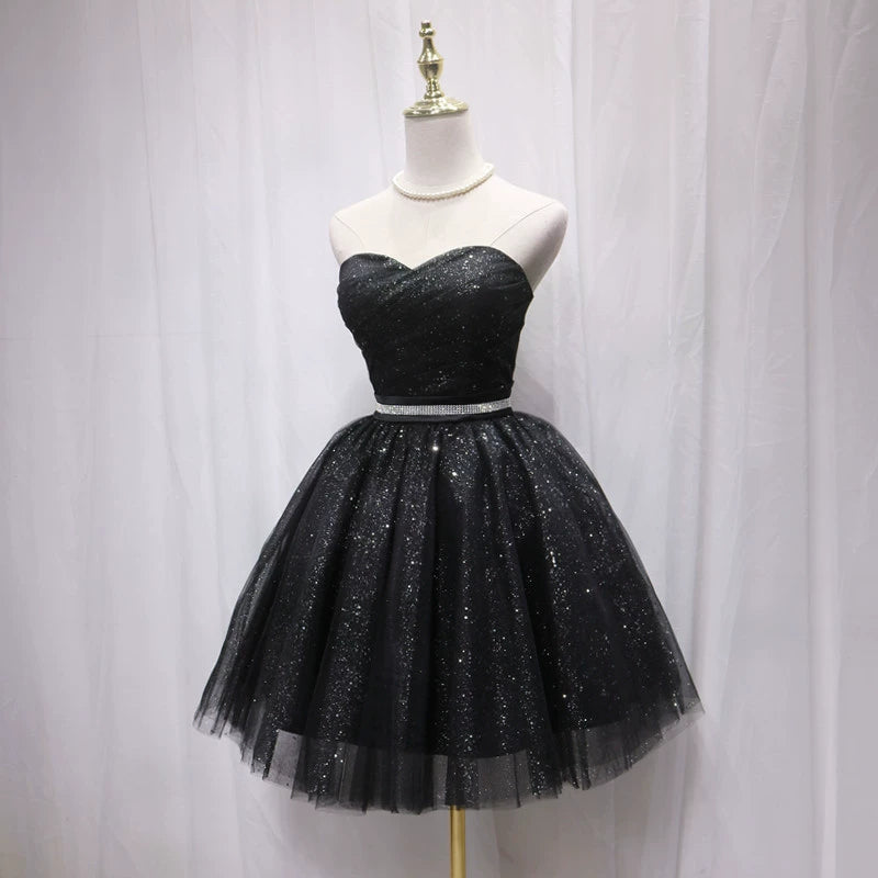 Princess A-Line Strapless Birthday Dresses Sequins Black Tulle Beading Homecoming Dress AP4698