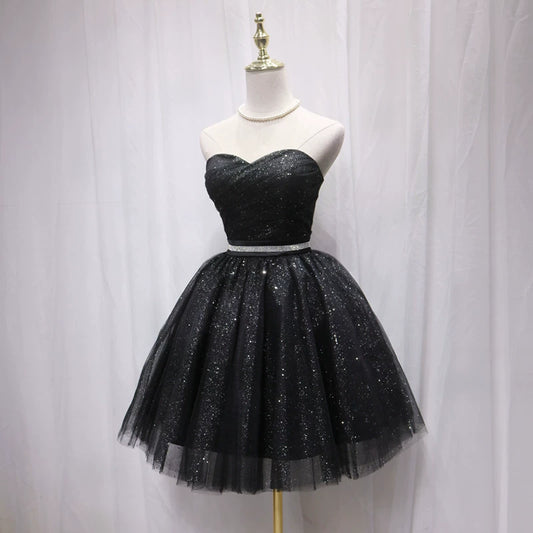 Princess A-Line Strapless Birthday Dresses Sequins Black Tulle Beading Homecoming Dress AP4698