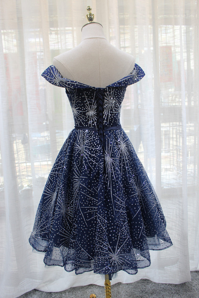 Fancy Off-Shoulder A-Line Birthday Dresses Sequins Blue Tulle Homecoming Dress AP4699