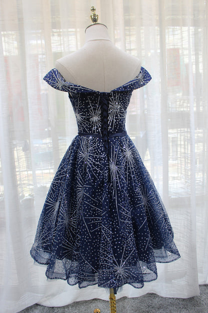 Fancy Off-Shoulder A-Line Birthday Dresses Sequins Blue Tulle Homecoming Dress AP4699