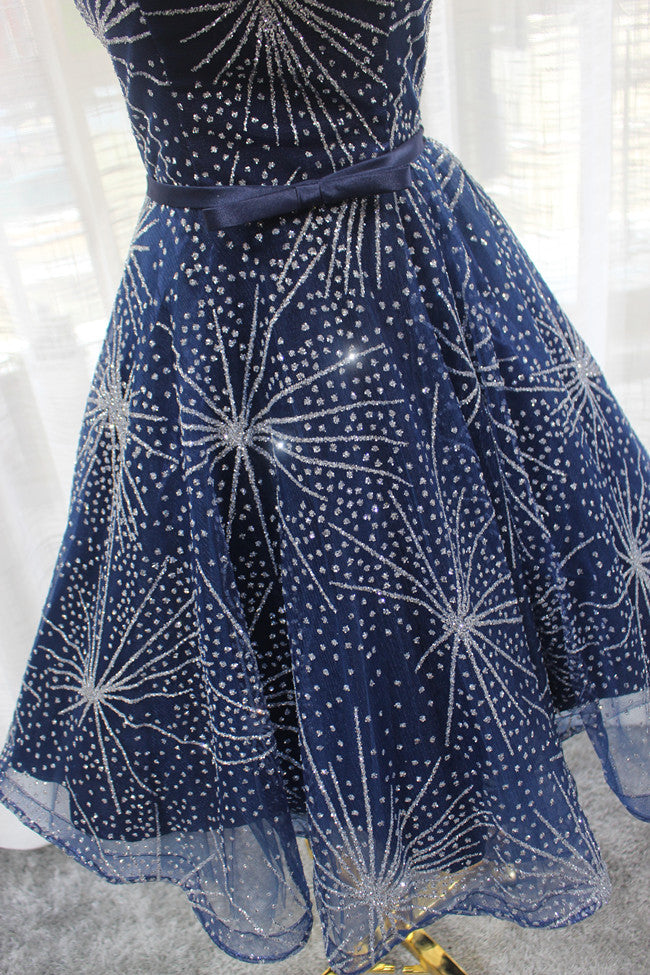 Fancy Off-Shoulder A-Line Birthday Dresses Sequins Blue Tulle Homecoming Dress AP4699