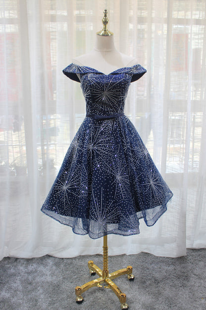 Fancy Off-Shoulder A-Line Birthday Dresses Sequins Blue Tulle Homecoming Dress AP4699