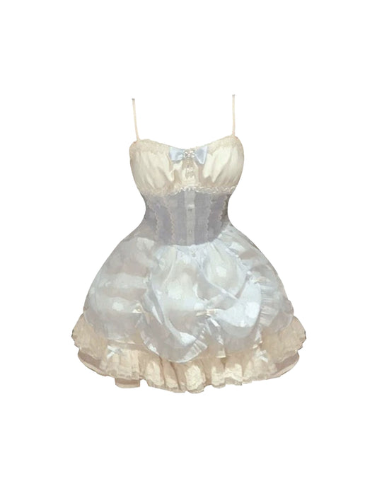 Hot Girls Ruffles Trim Spaghetti Strap Bow Accent Beading Mini Skirt Sweet Social Outings Jacquard Tiered A-Line Short Dress AP4700
