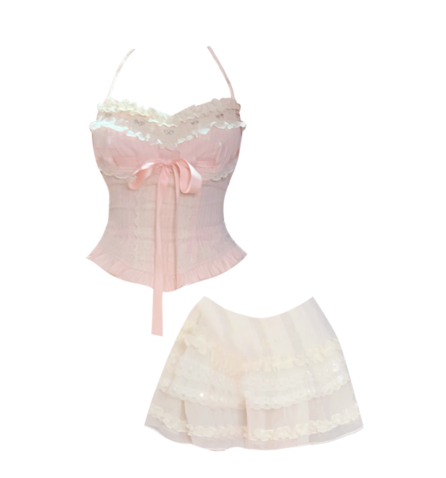 Gen Z Style Halter Neck Pink Sheer Lace Corset Top White Mini Skirt Adorable Tiered Ruffle  Bow Accent 2-Piece Set A-Line Short Dress AP4701