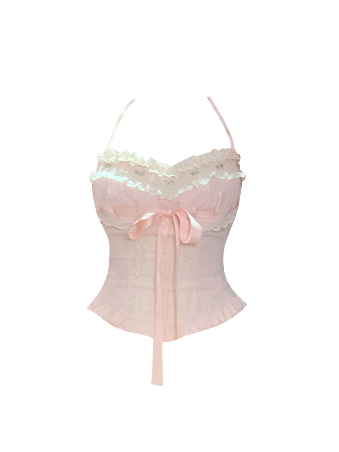 Gen Z Style Halter Neck Pink Sheer Lace Corset Top White Mini Skirt Adorable Tiered Ruffle  Bow Accent 2-Piece Set A-Line Short Dress AP4701