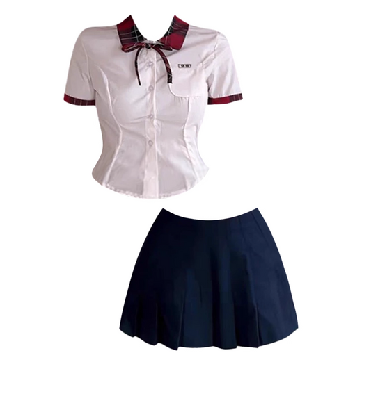 Casual Lapel Neck Red-Black Plaid Navy Pleated Mini Skirt Charming Cropped Button-Down A-Line 2-Piece Set Short Dress AP4704