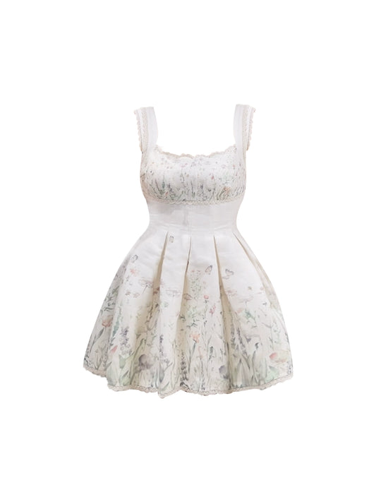 Y2K Style Spaghetti Strap Floral Print Casual Outings Mini Skirt Vibrant Lace Trim Fitted Waist A-Line Short Dress AP4705