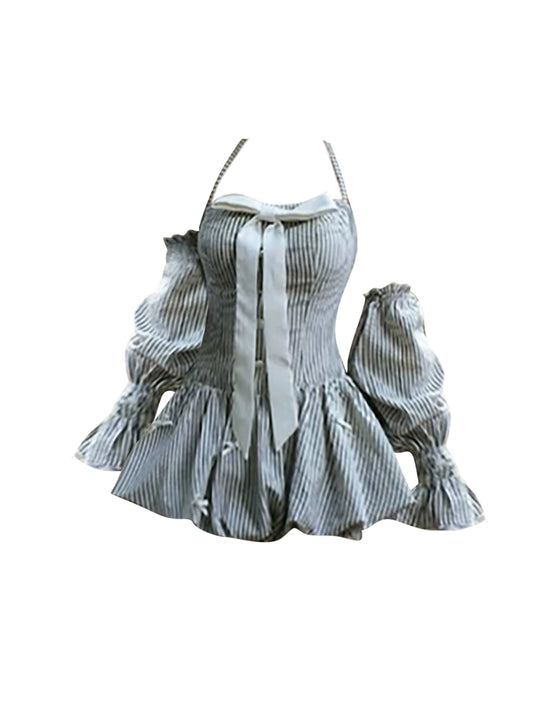 New Tendency Gray-White Striped  Halter Neck Puff Long Sleeve Mini Skirt Chic Bow Accent Gray-White Striped A-Line Short Dress AP4706