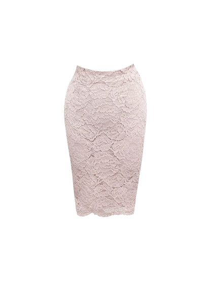 Simple Gray Fitted Square Neck Half-Sleeve Top Pink Delicate Lace Midi Skirt Chic Sheath 2-Piece Set Short Dress AP4707