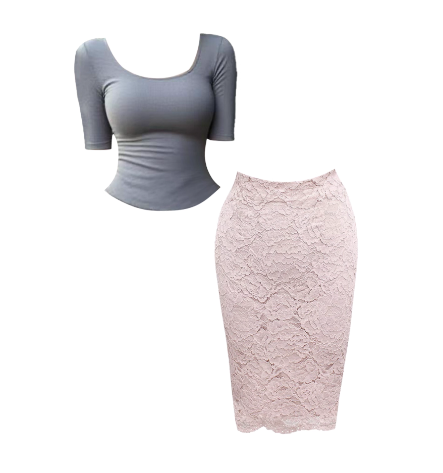 Simple Gray Fitted Square Neck Half-Sleeve Top Pink Delicate Lace Midi Skirt Chic Sheath 2-Piece Set Short Dress AP4707