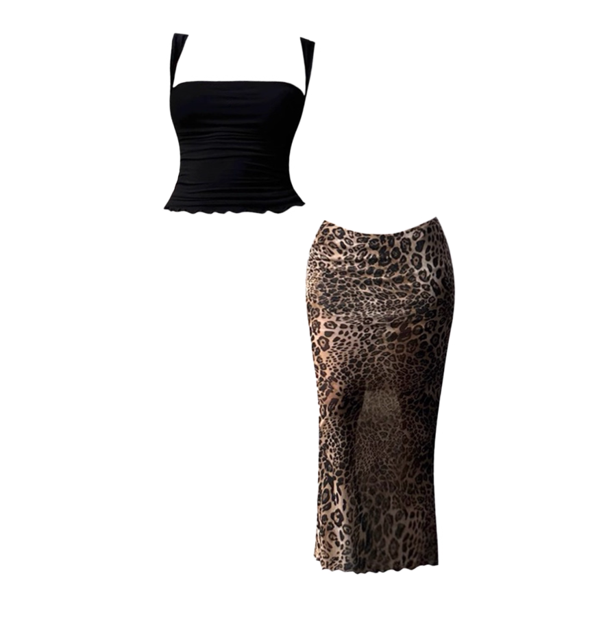 Boho-Inspired Spaghetti Straps Ruched Fitted Tube Top Maxi Dress Leopard Print Two-Piece Set Sheath Long Dress AP4708