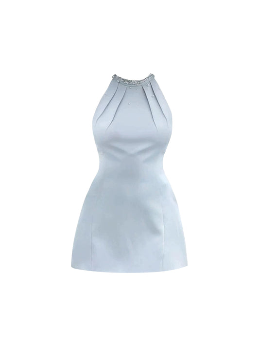 Exquisite Beaded Embellished Halter Neck Mini Skirt Simple Fitted Silhouette A-Line Short Dress AP4710
