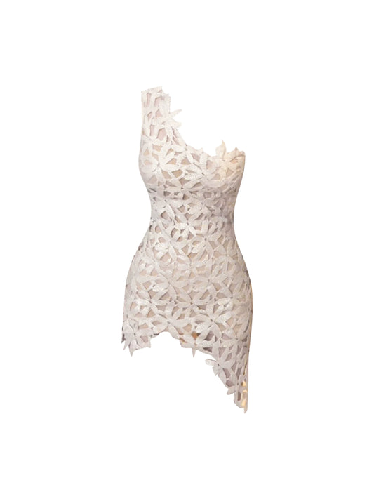 Refined One-Shoulder Nude Sleeveless Mini Dress Fashion 3D Floral Cut-Out Bodycon Asymmetric Hem Short Dress AP4712