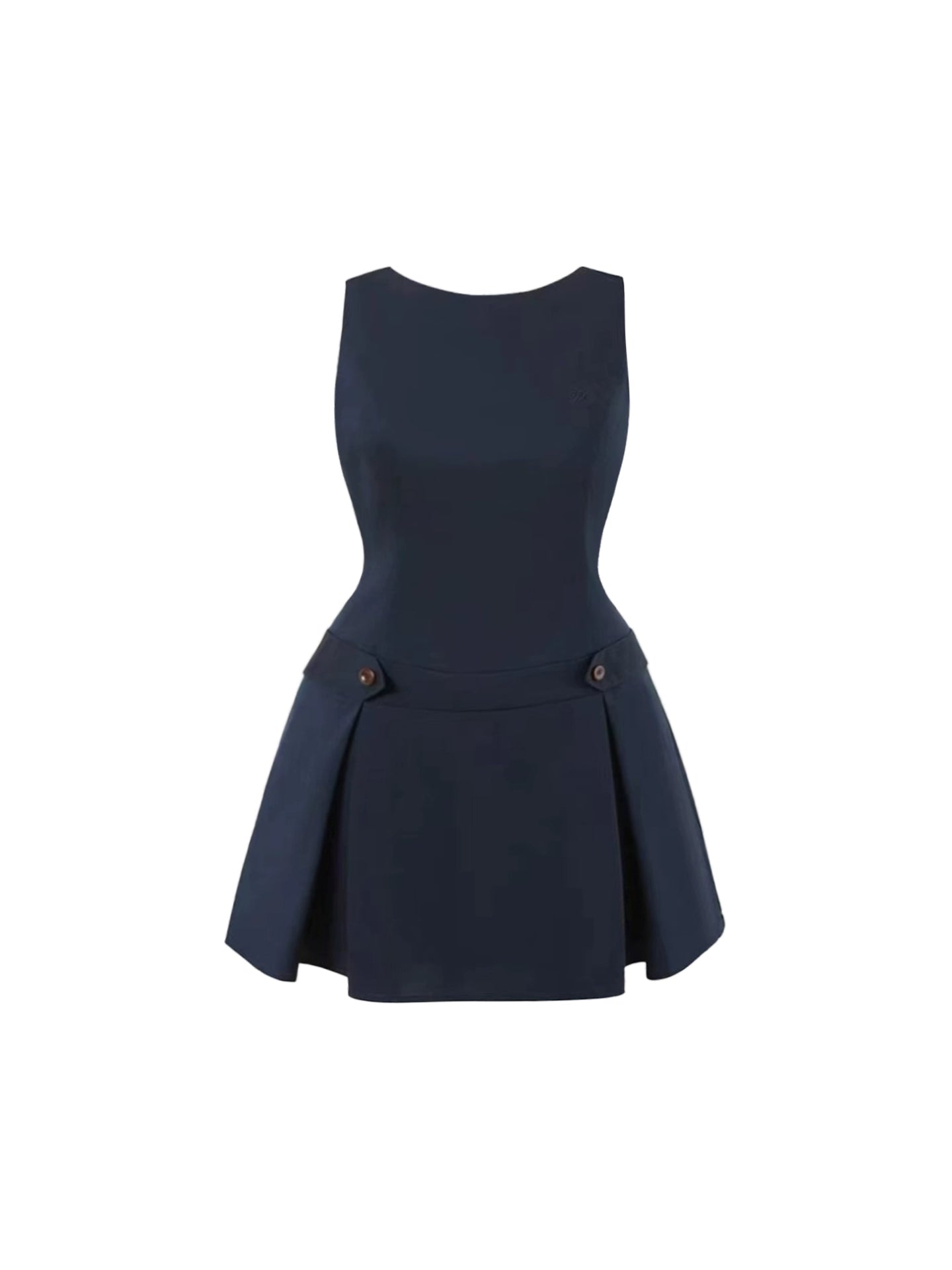 Beautiful Navy Sleeveless Round Neck Mini Skirt Vogue Waist Button Accents A-Line Short Dress AP4713