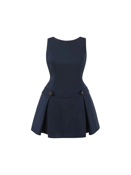 Beautiful Navy Sleeveless Round Neck Mini Skirt Vogue Waist Button Accents A-Line Short Dress AP4713