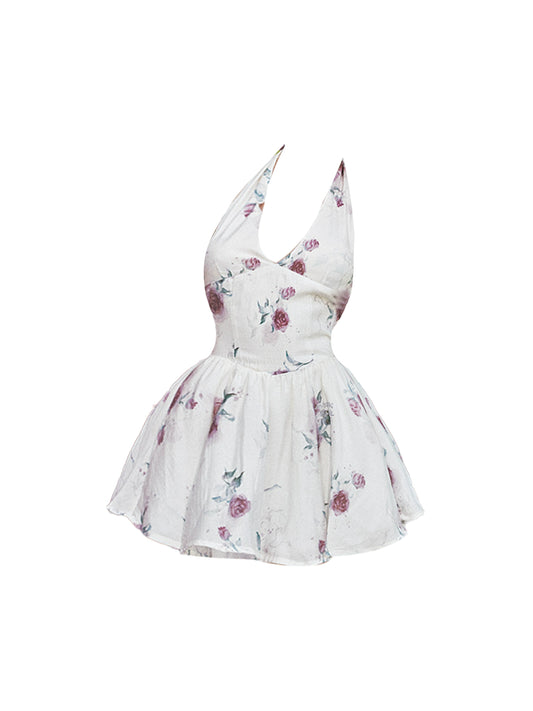 Superb Rose Floral Print Halter Neck Mini Skirt Charming Fitted Waist A-Line Short Dress AP4715