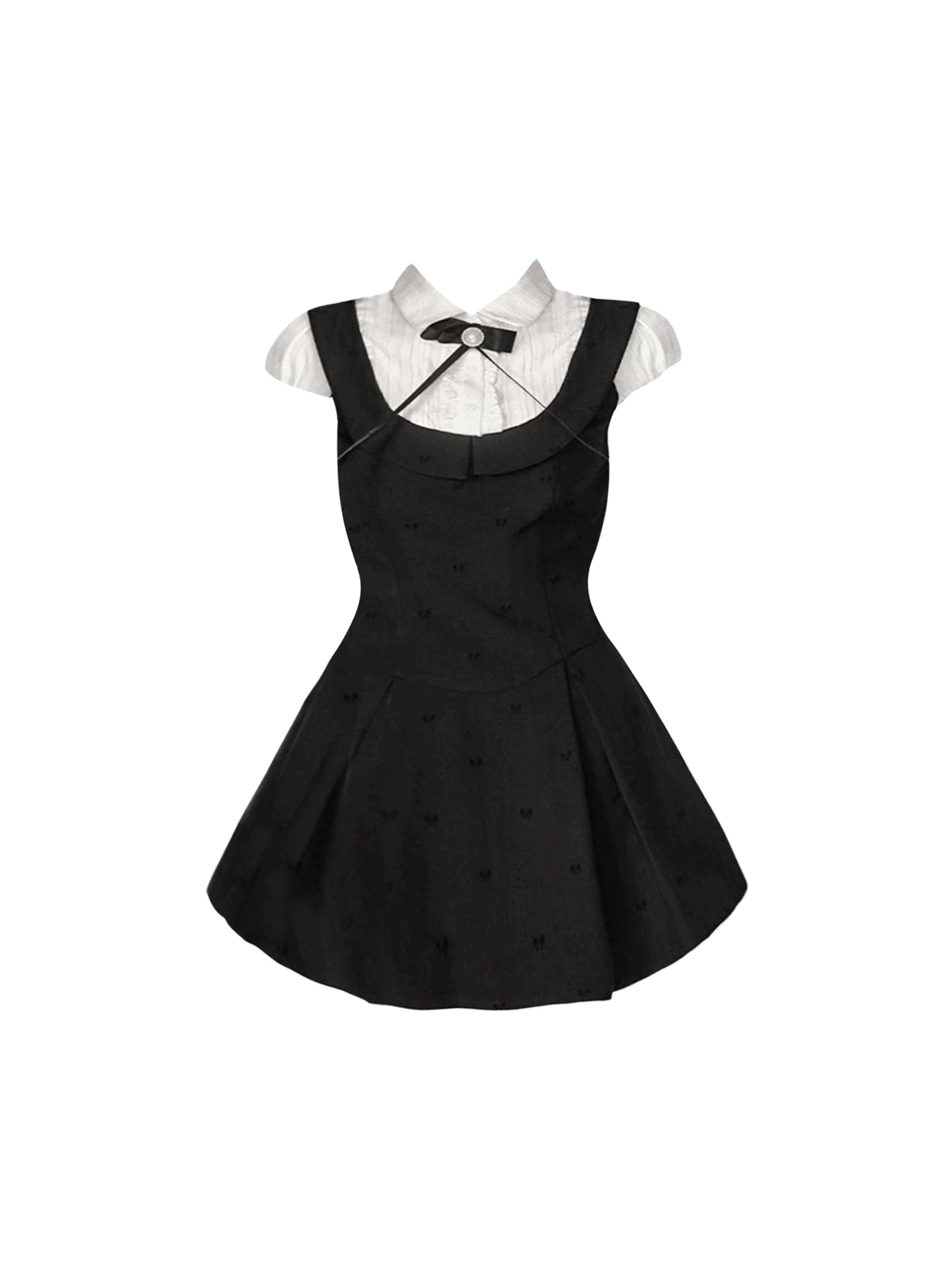 Wonderful Black & White Fake Two-Piece Jacquard Mini Skirt Chic Lapel Collar Bow Accent A-Line Short Dress AP4716