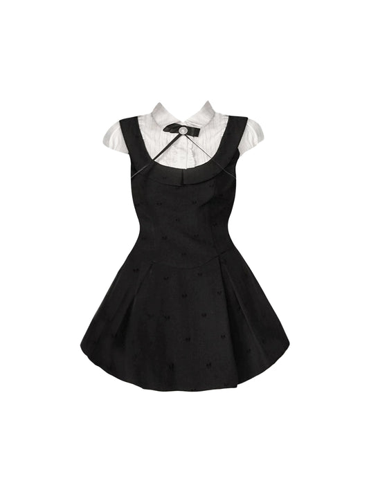Wonderful Black & White Fake Two-Piece Jacquard Mini Skirt Chic Lapel Collar Bow Accent A-Line Short Dress AP4716