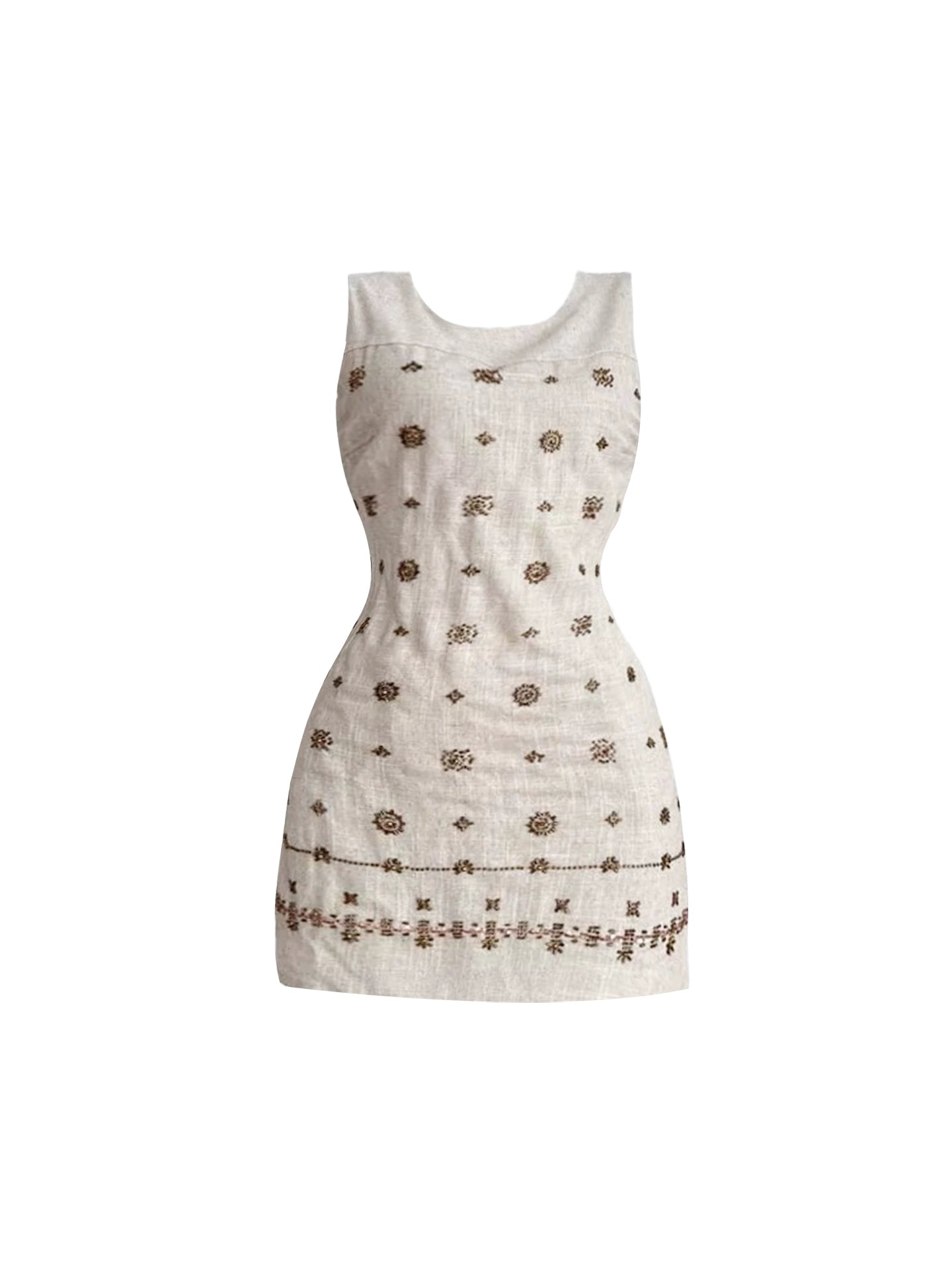 Appealing Slim-Fit Beige Sleeveless Jewel Neck Mini Skirt Boho-Style Brown Floral Print Sheath Short Dress AP4718