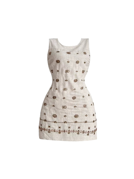 Appealing Slim-Fit Beige Sleeveless Jewel Neck Mini Skirt Boho-Style Brown Floral Print Sheath Short Dress AP4718