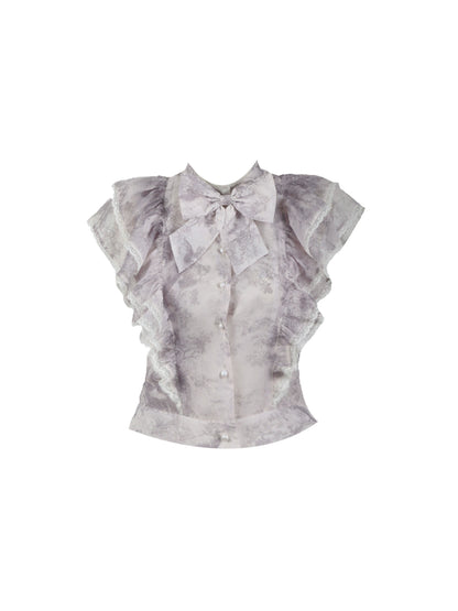 Fascinating 2-Piece Set Soft Gray Floral Blouse Taupe Mini Skirt Romantic Lace Ruffles Trim Sheath Short Dress AP4719