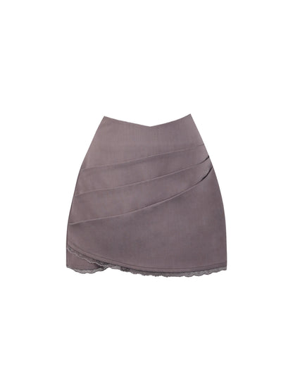 Fascinating 2-Piece Set Soft Gray Floral Blouse Taupe Mini Skirt Romantic Lace Ruffles Trim Sheath Short Dress AP4719