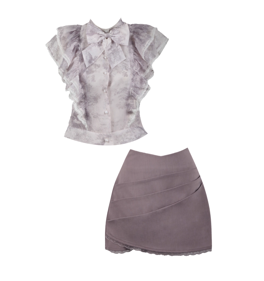 Fascinating 2-Piece Set Soft Gray Floral Blouse Taupe Mini Skirt Romantic Lace Ruffles Trim Sheath Short Dress AP4719