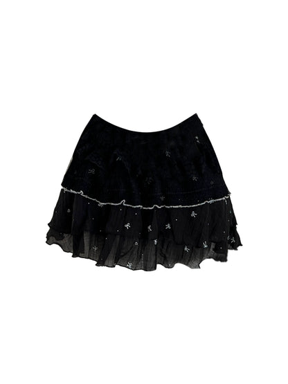 Splendid Beige & Black Printed Bustier Black Tiered Tulle Mini Skirt Hottie 2-Piece Set Bow Accents Ruffles A-Line Strapless Short Dress AP4720