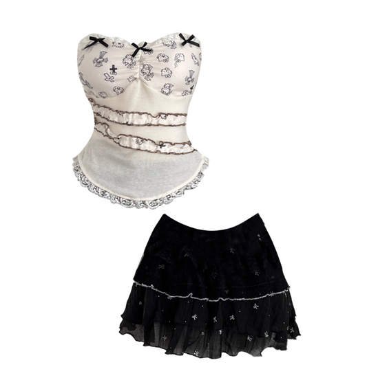 Splendid Beige & Black Printed Bustier Black Tiered Tulle Mini Skirt Hottie 2-Piece Set Bow Accents Ruffles A-Line Strapless Short Dress AP4720