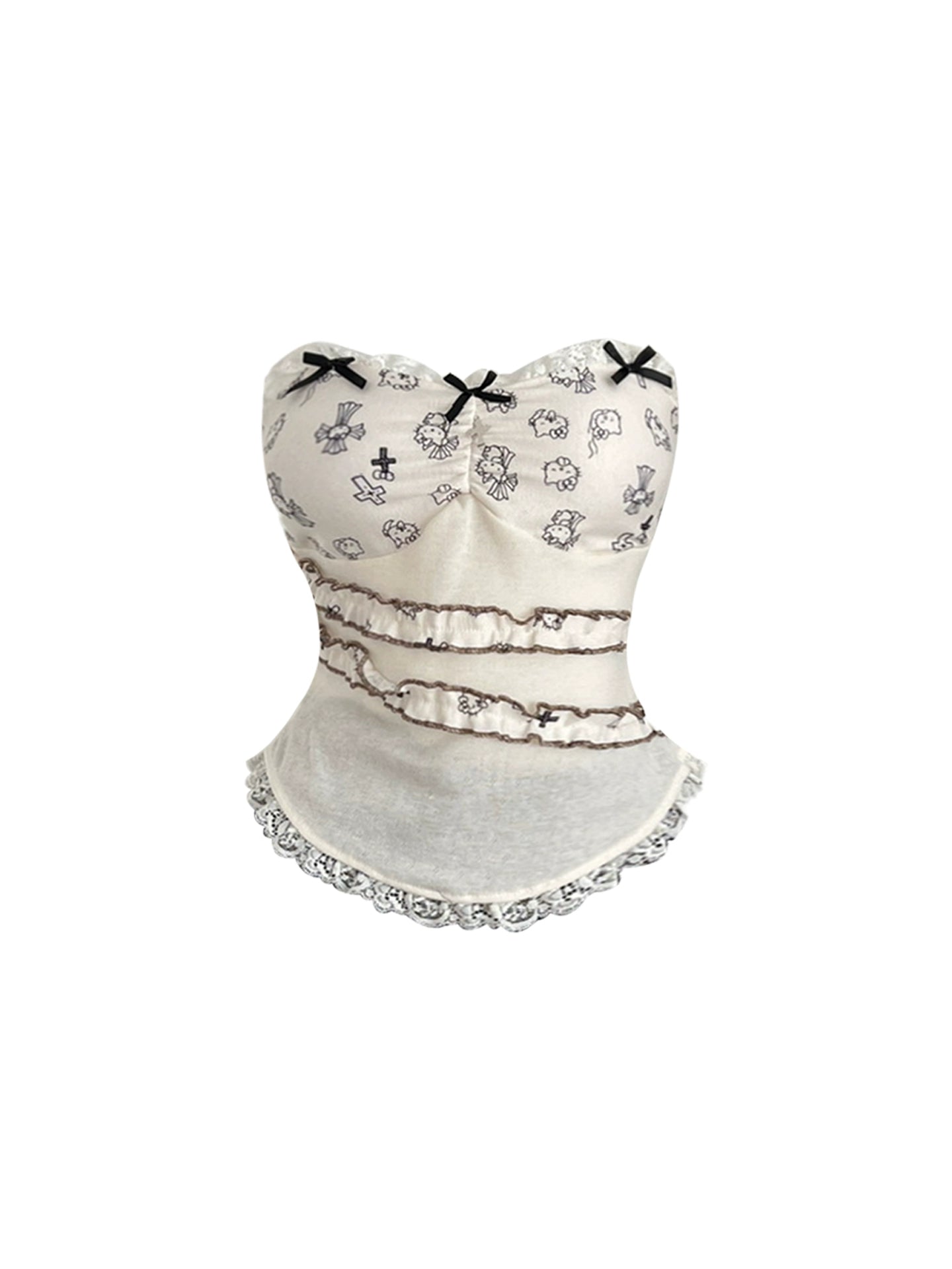 Splendid Beige & Black Printed Bustier Black Tiered Tulle Mini Skirt Hottie 2-Piece Set Bow Accents Ruffles A-Line Strapless Short Dress AP4720