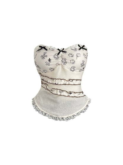 Splendid Beige & Black Printed Bustier Black Tiered Tulle Mini Skirt Hottie 2-Piece Set Bow Accents Ruffles A-Line Strapless Short Dress AP4720