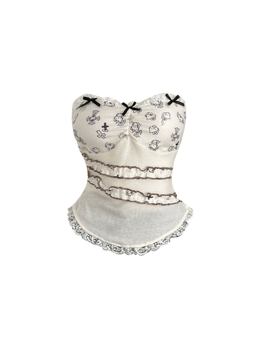 Splendid Beige & Black Printed Bustier Black Tiered Tulle Mini Skirt Hottie 2-Piece Set Bow Accents Ruffles A-Line Strapless Short Dress AP4720