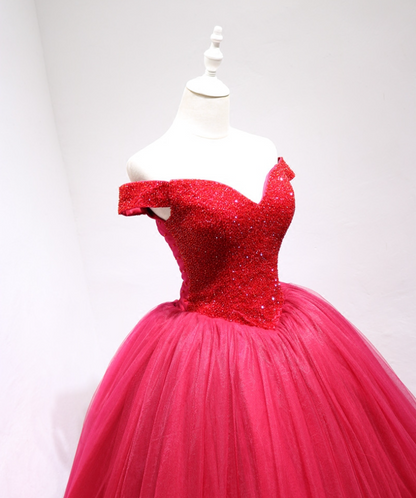 Enticing Off-Shoulder A-Line Lace-Up Sweet 16th Evening Gowns Sequins Red Tulle Prom Dress AP4721