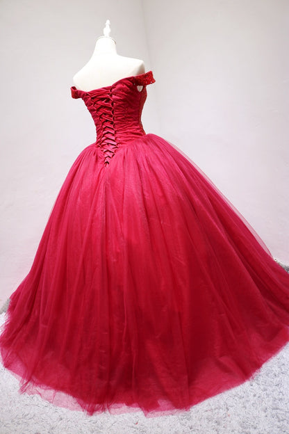 Enticing Off-Shoulder A-Line Lace-Up Sweet 16th Evening Gowns Sequins Red Tulle Prom Dress AP4721