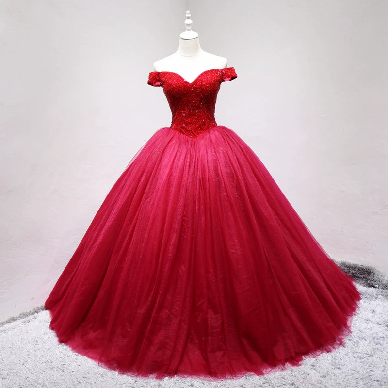 Enticing Off-Shoulder A-Line Lace-Up Sweet 16th Evening Gowns Sequins Red Tulle Prom Dress AP4721