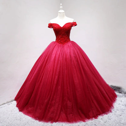 Enticing Off-Shoulder A-Line Lace-Up Sweet 16th Evening Gowns Sequins Red Tulle Prom Dress AP4721