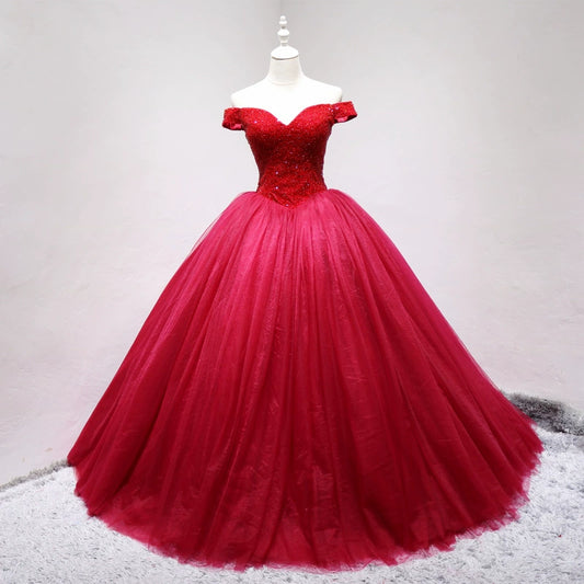 Enticing Off-Shoulder A-Line Lace-Up Sweet 16th Evening Gowns Sequins Red Tulle Prom Dress AP4721