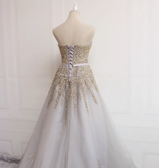 Eye-Catching A-Line Strapless Sweet 16th Gowns Elegant Sequins Beads Tulle Prom Dress AP4723