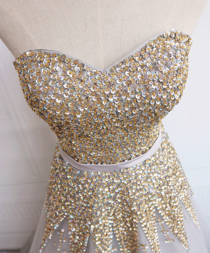 Eye-Catching A-Line Strapless Sweet 16th Gowns Elegant Sequins Beads Tulle Prom Dress AP4723