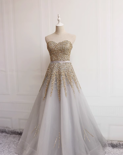 Eye-Catching A-Line Strapless Sweet 16th Gowns Elegant Sequins Beads Tulle Prom Dress AP4723
