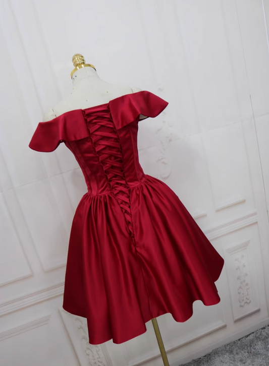 Fresh Off-Shoulder A-Line Birthday Dresses Satin Red Ruffles Homecoming Dress AP4724