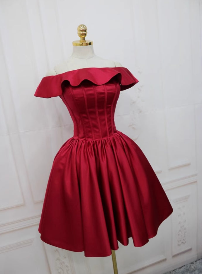 Fresh Off-Shoulder A-Line Birthday Dresses Satin Red Ruffles Homecoming Dress AP4724