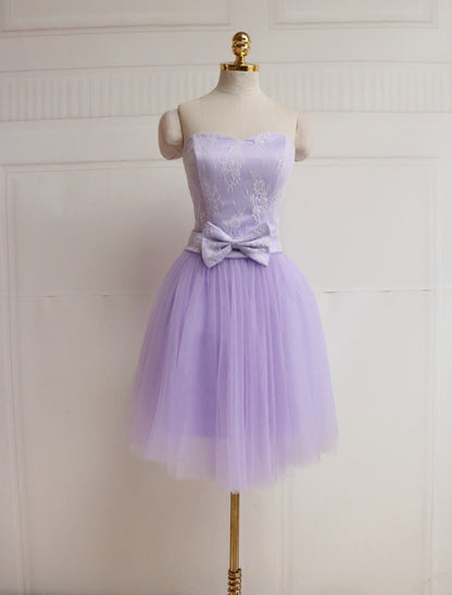 Ornate A-Line Strapless Birthday Dresses Bow Lace Tulle Homecoming Dress AP4726