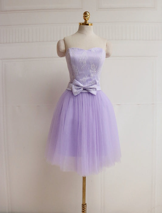 Ornate A-Line Strapless Birthday Dresses Bow Lace Tulle Homecoming Dress AP4726