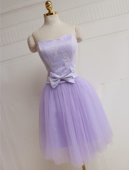 Ornate A-Line Strapless Birthday Dresses Bow Lace Tulle Homecoming Dress AP4726