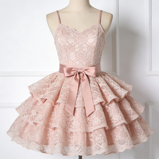Fantastic A-Line Spaghetti Strap Birthday Gowns Sweet Lace Tulle Bow Tiered Homecoming Dress AP4734