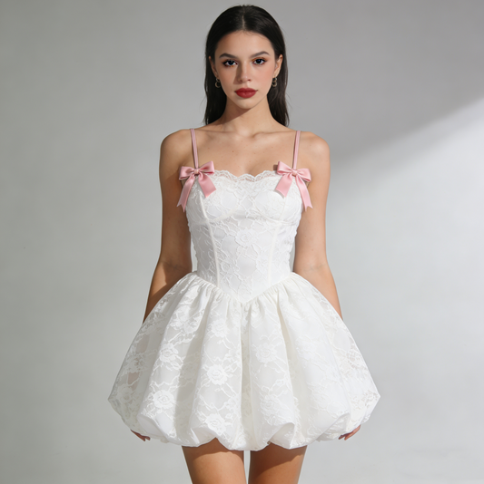 Vintage A-Line Spaghetti Strap Birthday Dresses White Lace Bows Short Homecoming Dress AP4737