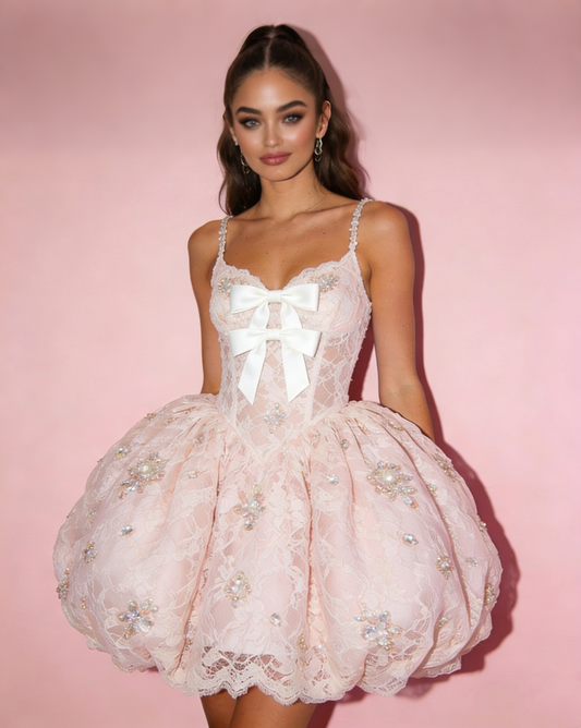 Artistic A-Line Spaghetti Strap Birthday Dresses Beading Lace Bows Pearls Short Homecoming Dress AP4738