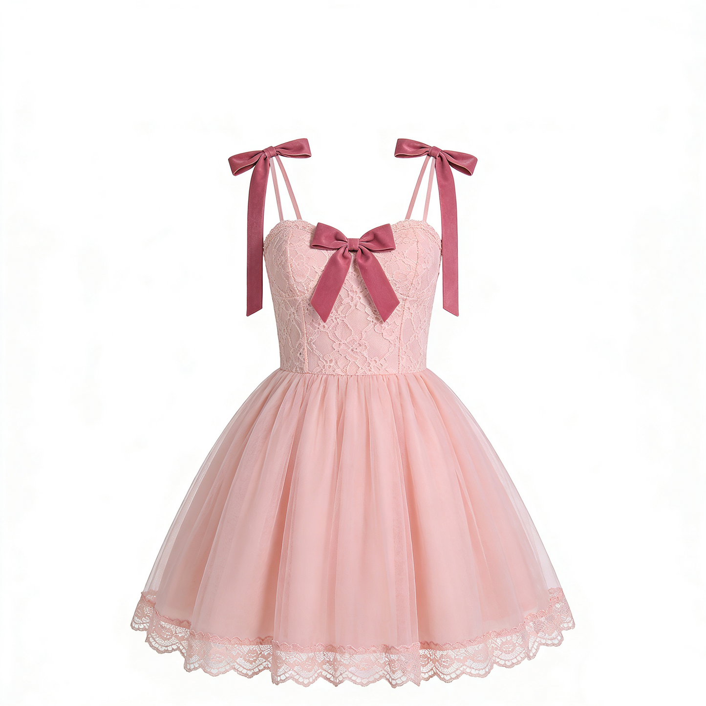 Ethereal Spaghetti Strap A-Line Birthday Gowns Lace Bows Pink Tulle Homecoming Dress AP4739